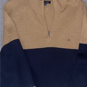 Tommy Hilfiger Men’s Tan Cream Navy Zip Up Sweater 100% Cotton